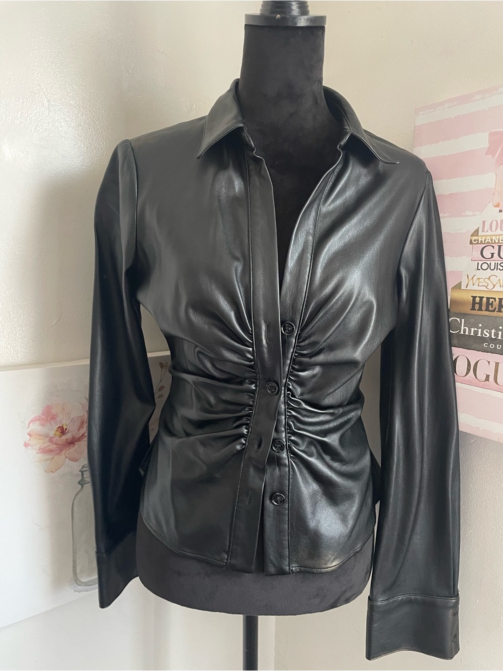 Zara Black Faux Leather Ruched Button-Up Jacket